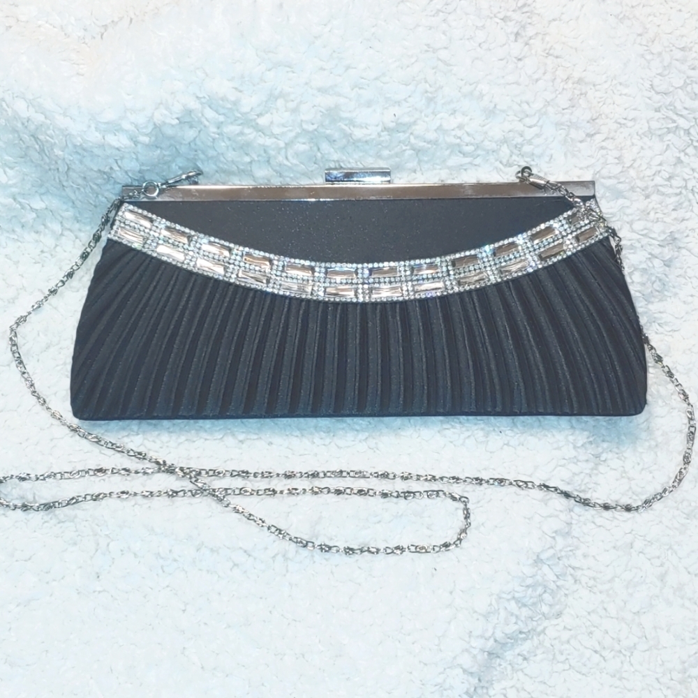 Rhinestone and Black Satin Evening Clutch with Braided Silver Chain